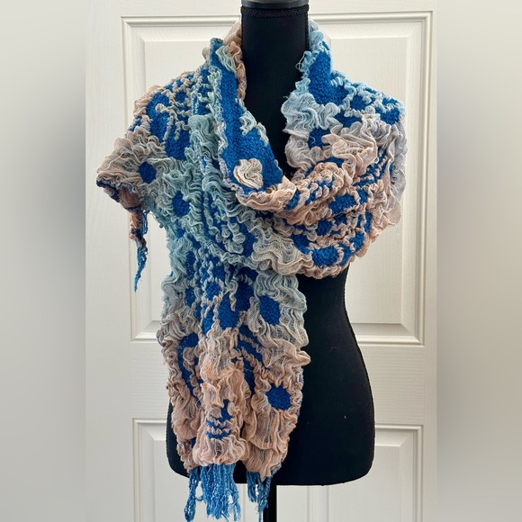 Mixed Media Textural Scarf/Wrap in Blues & Soft Peaches - Picture 3 of 3